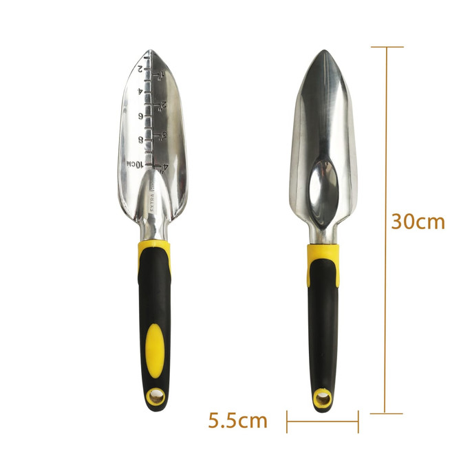 A garden hand tool set featuring two stainless steel trowels with black and yellow ergonomic handles.