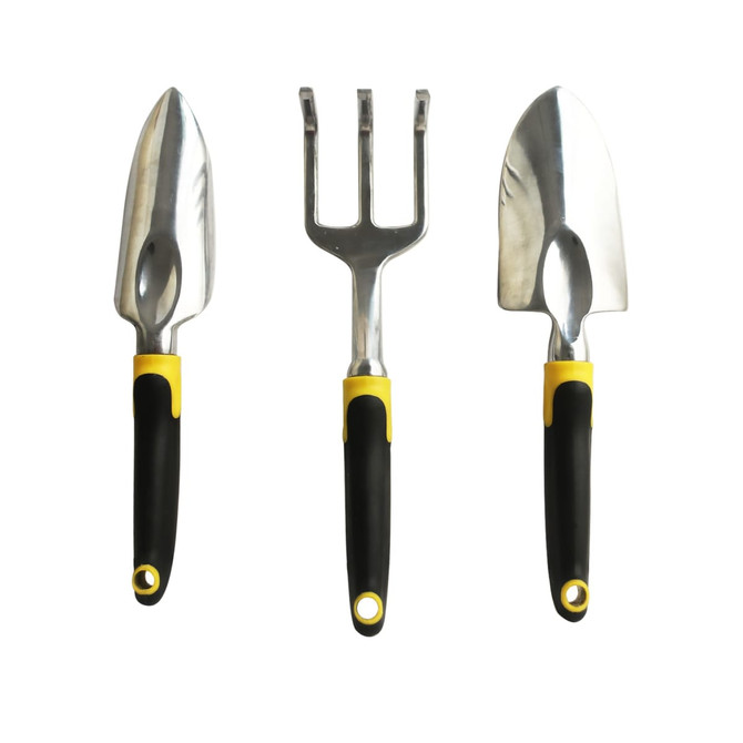 A garden hand tool set featuring three stainless steel tools with black and yellow handles.