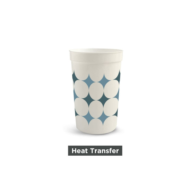 A plastic stadium cup in white featuring a pattern of blue and teal shapes. The cup has a logo.