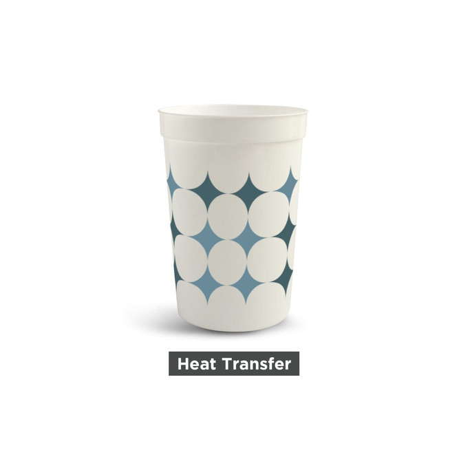 A 650ml plastic stadium cup in white with a geometric pattern in shades of blue. Features a logo.