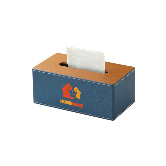 A medium tissue box featuring a blue exterior and wooden top, with a logo on the front.