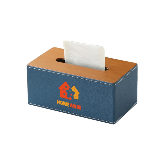 A blue tissue box with a wooden top, featuring a logo and tissues partially visible from the opening.