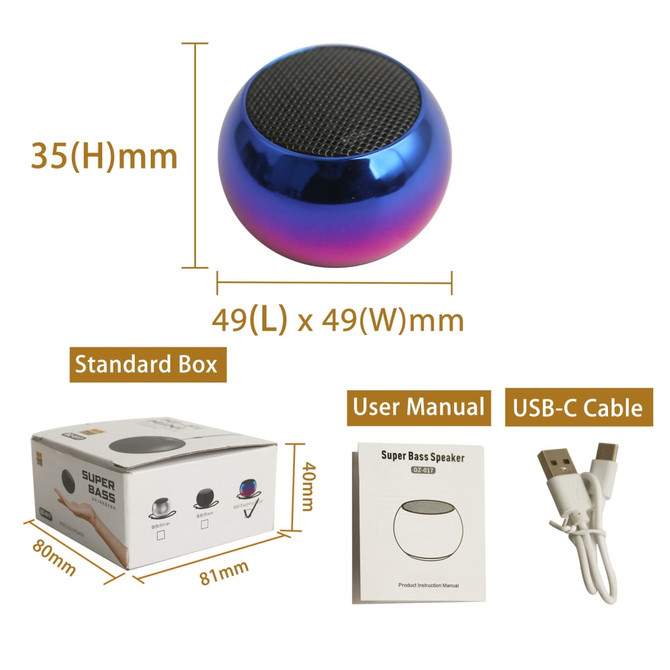 A round, mini Bluetooth speaker in a shiny blue finish, accompanied by a USB-C cable and user manual in a standard box.
