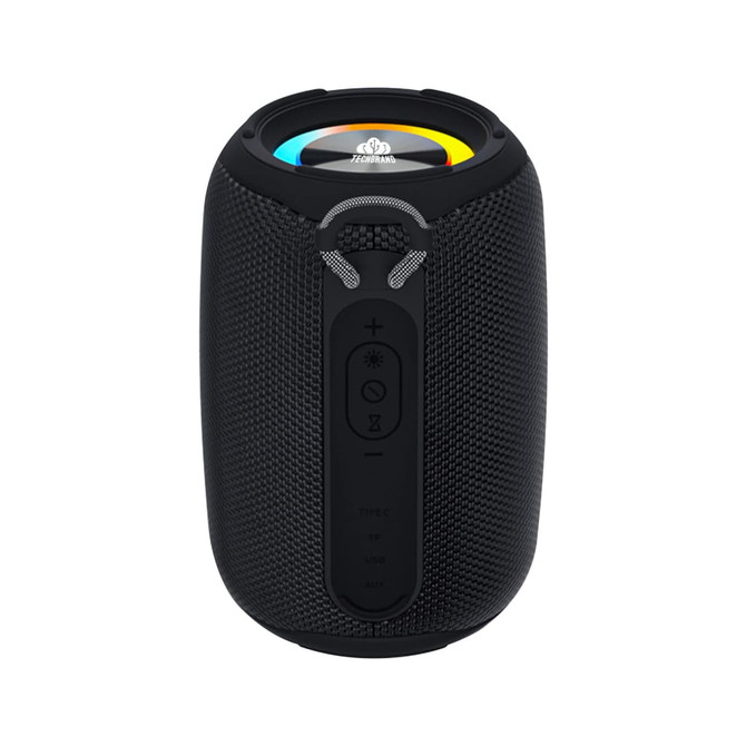 A black outdoor waterproof Bluetooth speaker with control buttons and LED light features.