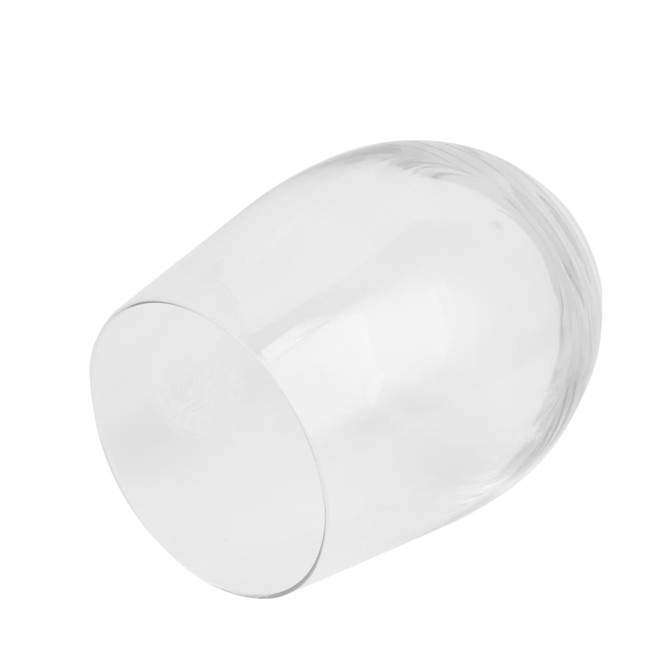 An egg-shaped glass cup in clear glass with a smooth, glossy surface and a branding logo on the bottom.