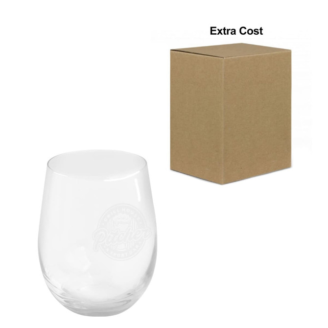 An egg-shaped clear glass cup with an embossed logo, alongside a plain cardboard box for packaging.