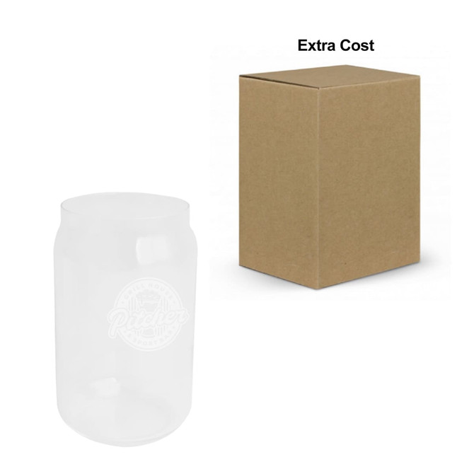 A transparent glass cup shaped like a can, next to a plain brown cardboard box.