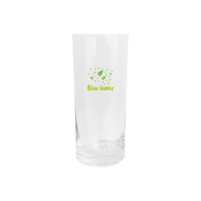 A clear beer glass with a simple logo featuring green leaves and text.