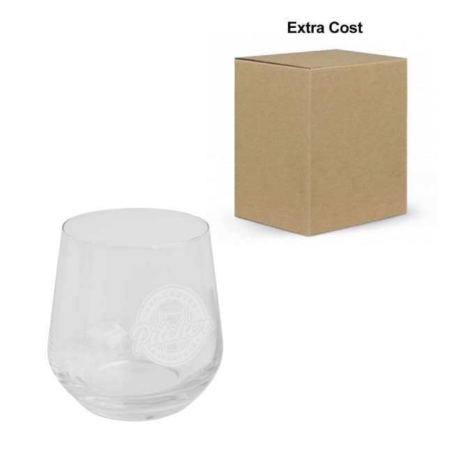 A clear wine glass with a rounded base, featuring a logo, next to a simple brown box.