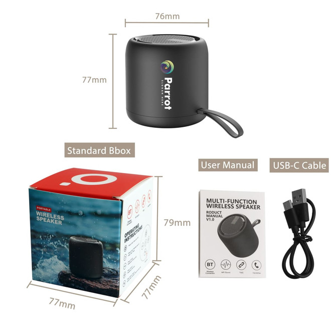 A compact black portable waterproof Bluetooth speaker alongside its box, user manual, and USB-C cable.