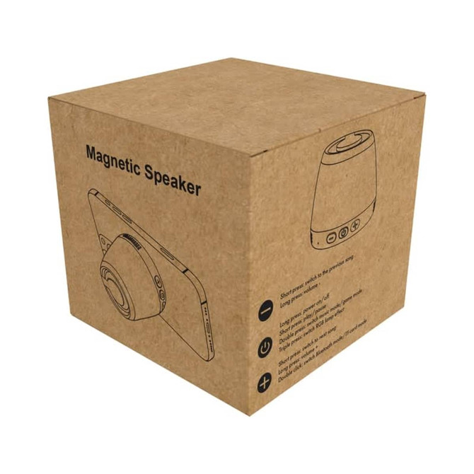 A cardboard box containing a magnetic Bluetooth speaker with a simple design and an accompanying branding logo.
