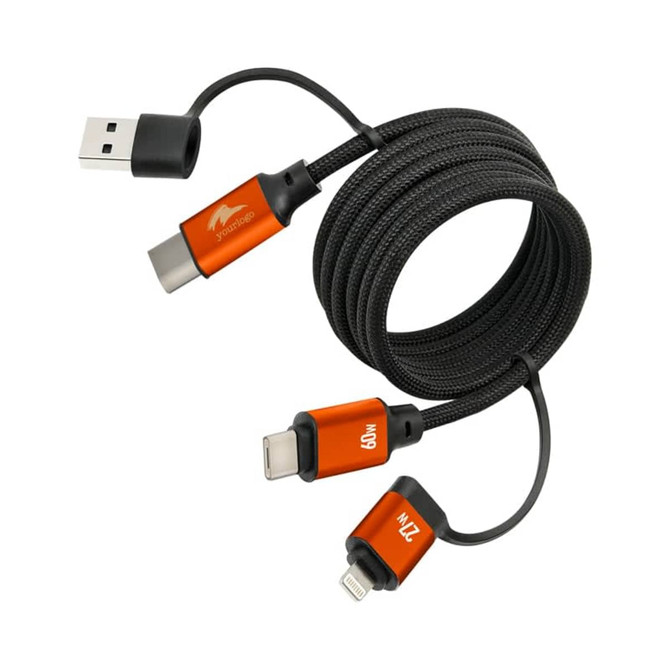 A coiled, black charging cable featuring orange connectors for USB, USB-C, and Lightning devices. It has a branded logo.