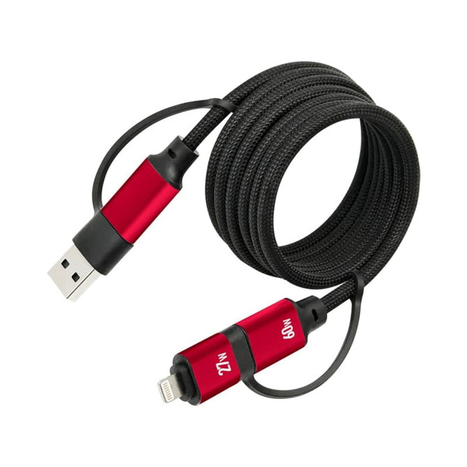A black and red coiled charging data cable with USB and Lightning connectors, featuring a brand logo.