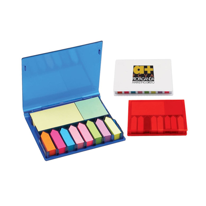 A set of sticky notes and flags in a blue case, with pink, yellow, green, and red notes inside. Includes a white case with flags.
