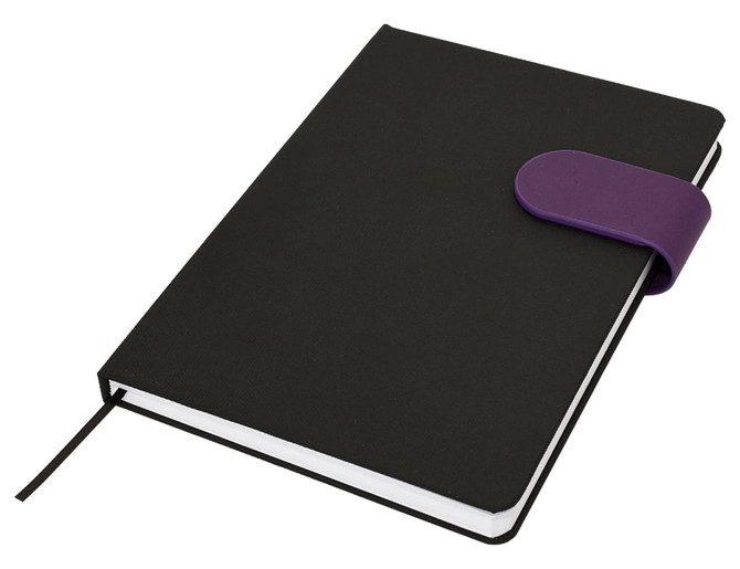 A black A5 notebook with a purple elastic band closure and a ribbon bookmark. It features a smooth cover.