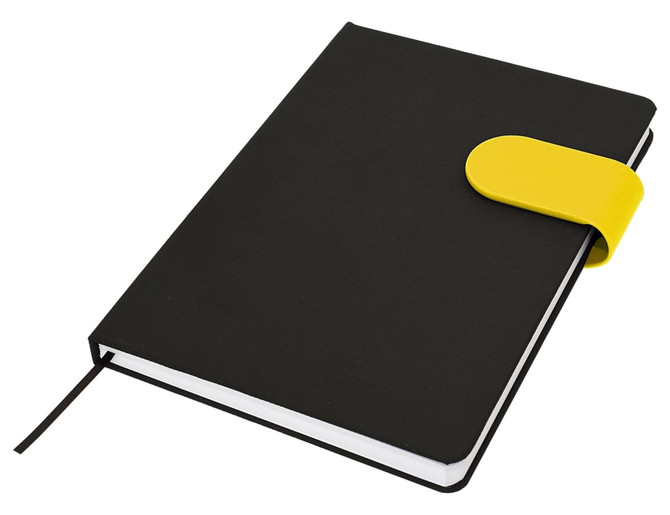A black A5 notebook with a yellow elastic band closure and white pages. It features a branding logo.