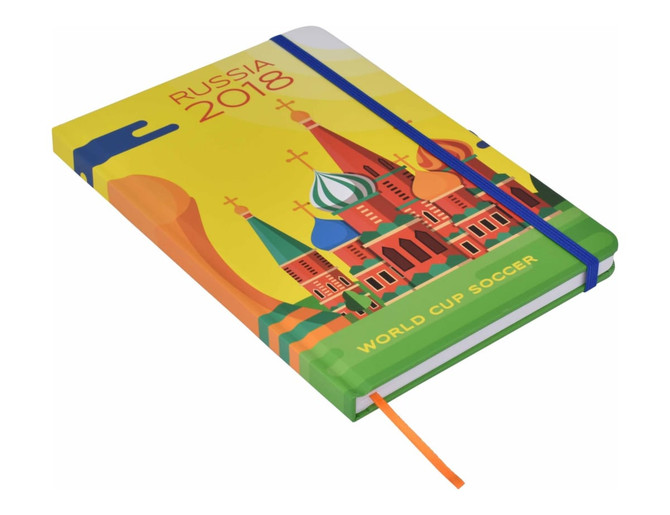 A bright A5 notebook featuring a colourful design with buildings, an elastic band, and ribbon marker. It has a logo present.