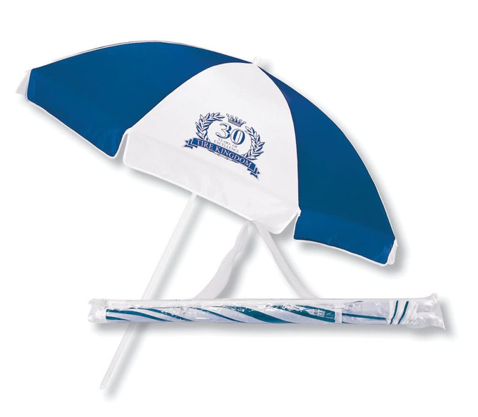 A beach umbrella with blue and white fabric, featuring a logo, and a sturdy pole for support.
