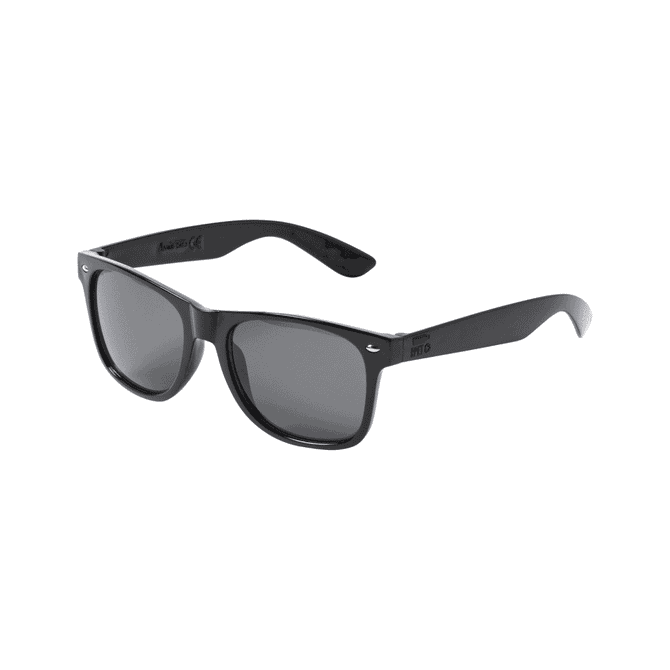 Black sunglasses with dark lenses, featuring a logo on the side. Designed for leisure and outdoor activities.
