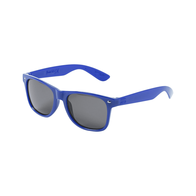 Blue sunglasses with grey lenses displayed from a side angle, featuring a logo on the arm.