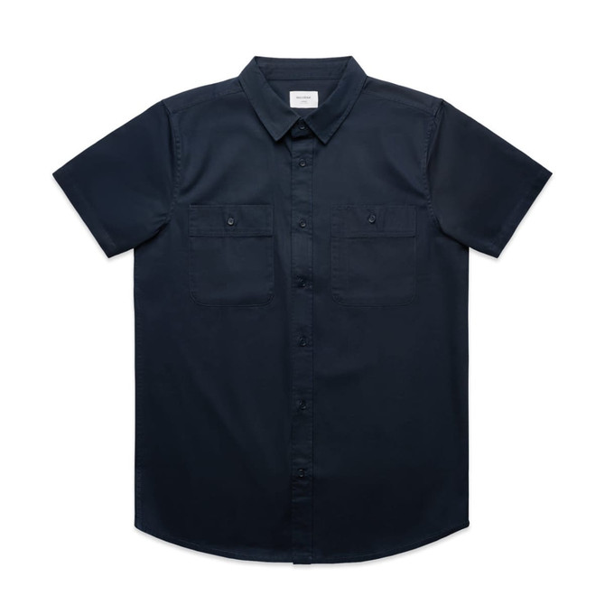 A navy blue short-sleeved shirt with two chest pockets and a collared neckline, featuring a small logo.