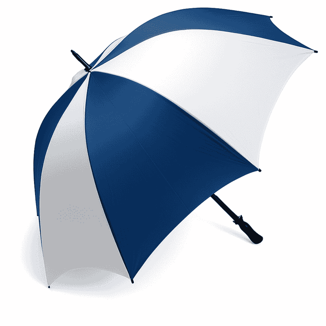 A golf umbrella featuring a blue and white design, with a sturdy handle and a logo on the shaft.