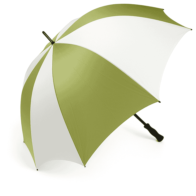 A large golf umbrella with green and white panels and a black handle. It features a logo on the shaft.