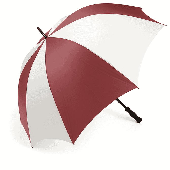 A golf umbrella featuring a maroon and white striped design, with a sturdy handle and a logo.