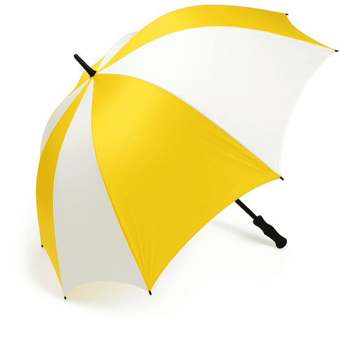 A large umbrella with yellow and white panels, featuring a black handle and a logo on the shaft.