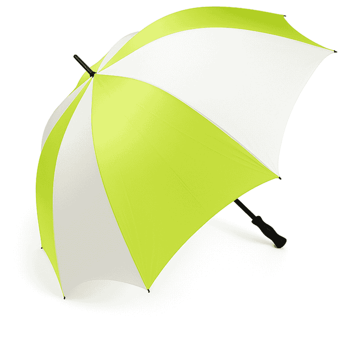A golf umbrella featuring a vibrant green and white design, with a black handle and a logo on the canopy.