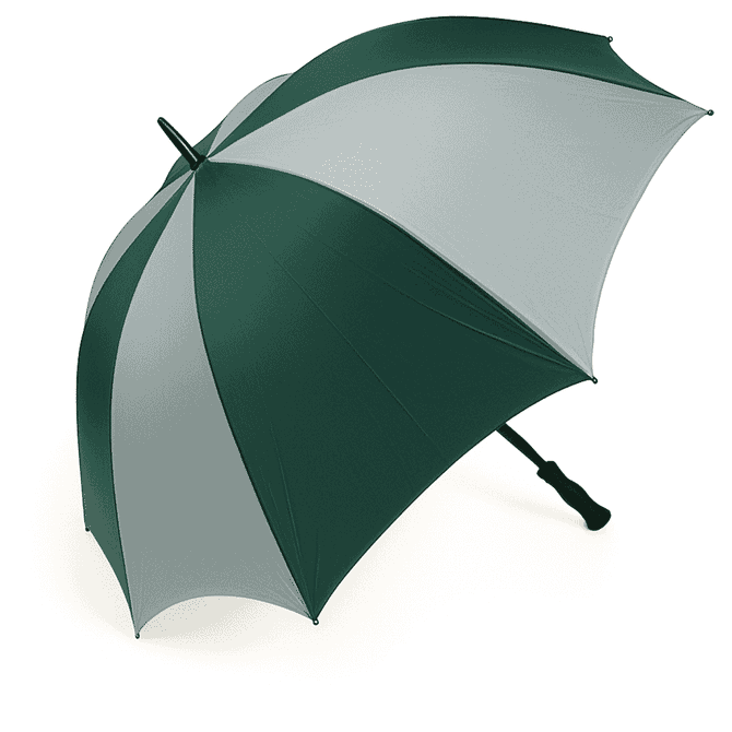 A large golf umbrella in dark green and light grey, featuring a curved handle and a logo on the canopy.