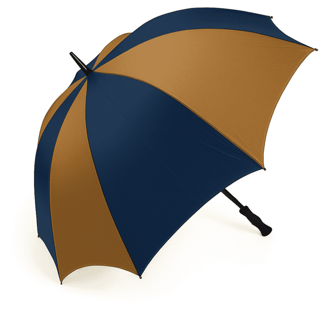 A large golf umbrella featuring a navy blue and brown colour scheme, with a curved handle and a logo on the canopy.