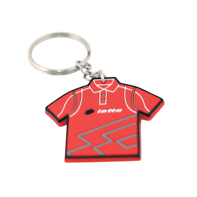 A red moulded PVC keyring in the shape of a shirt with a silver keyring attachment.