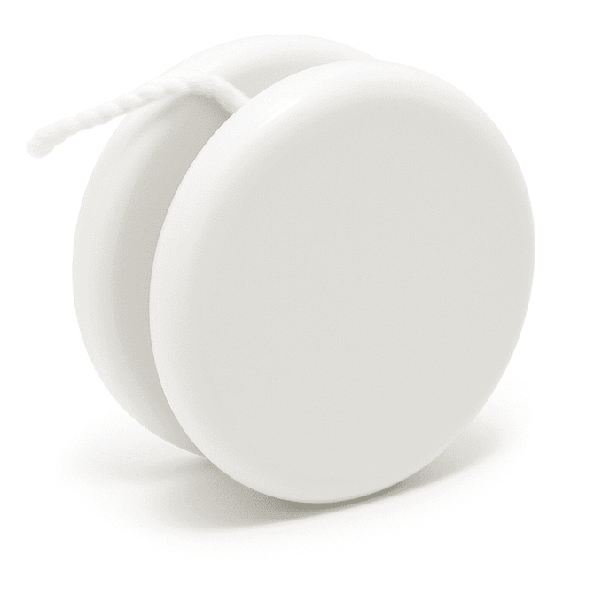 A white premium plastic yoyo with a string attached, featuring a smooth, round design.