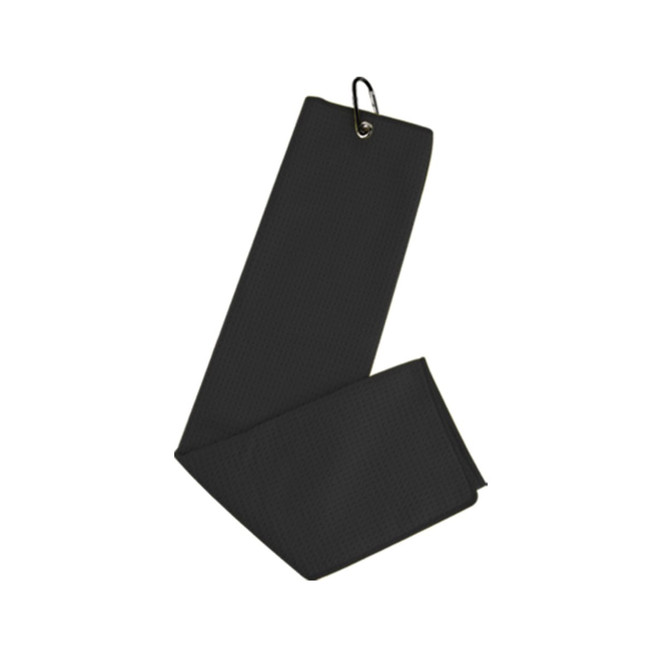 A black waffle golf towel with a hanging loop, displaying a textured surface. It has a logo on one side.