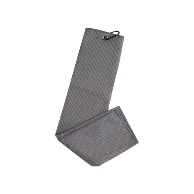 A grey waffle golf towel with a hanging loop. The towel features a textured pattern.