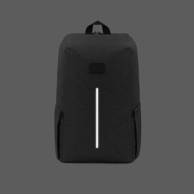 A black backpack featuring reflective detailing and side pockets. It includes a branding logo on the front.