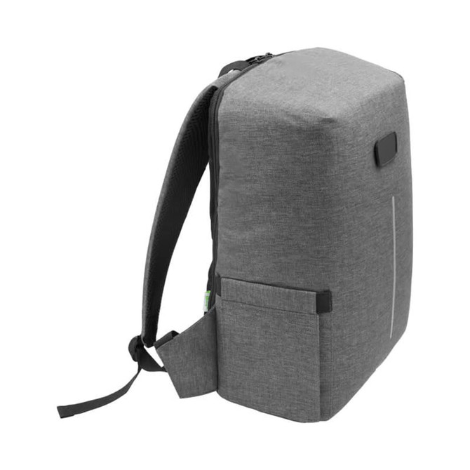 A grey computer backpack with a structured design, featuring adjustable straps and a side pocket.