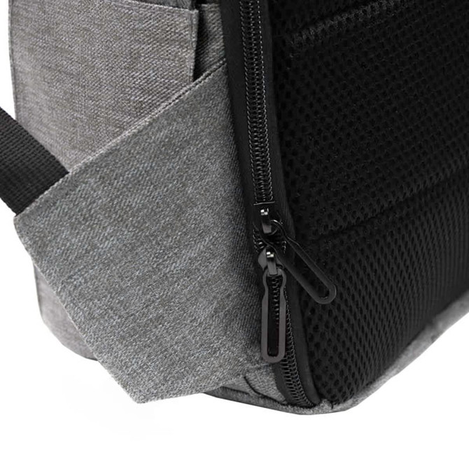 A grey and black computer backpack featuring zippered compartments and a mesh pocket. It has a logo on the side.