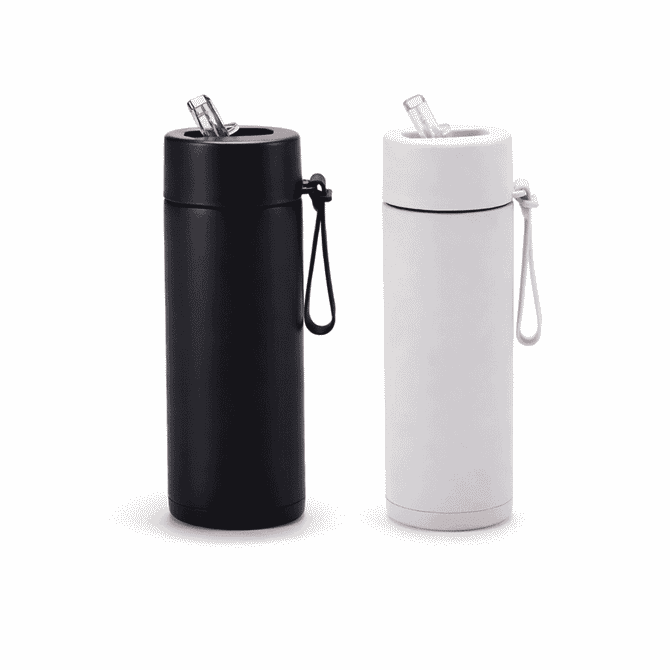 A drink bottle featuring a 650ml stainless steel thermos in black and white, with a silicone handle and a straw.