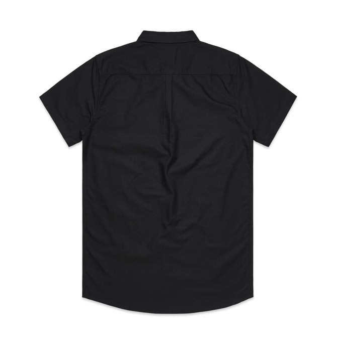 A black short-sleeved button-up shirt with a collar and a logo on the back.