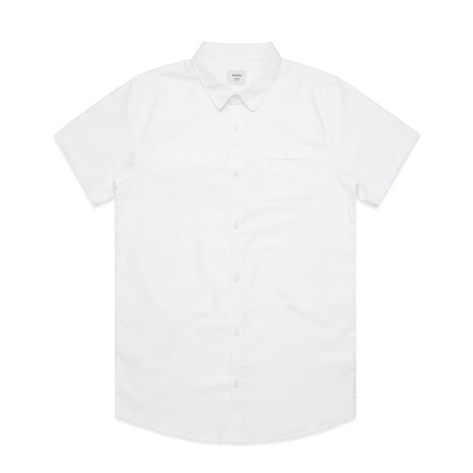 A short-sleeved, white button-up shirt featuring a chest pocket and a logo.