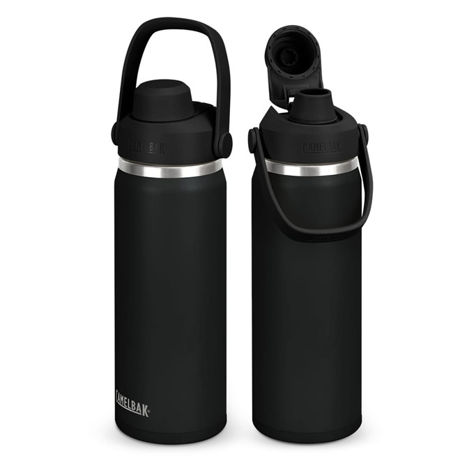 A drink bottle featuring a sleek black design with a screw top and a handle, equipped with a chug spout.
