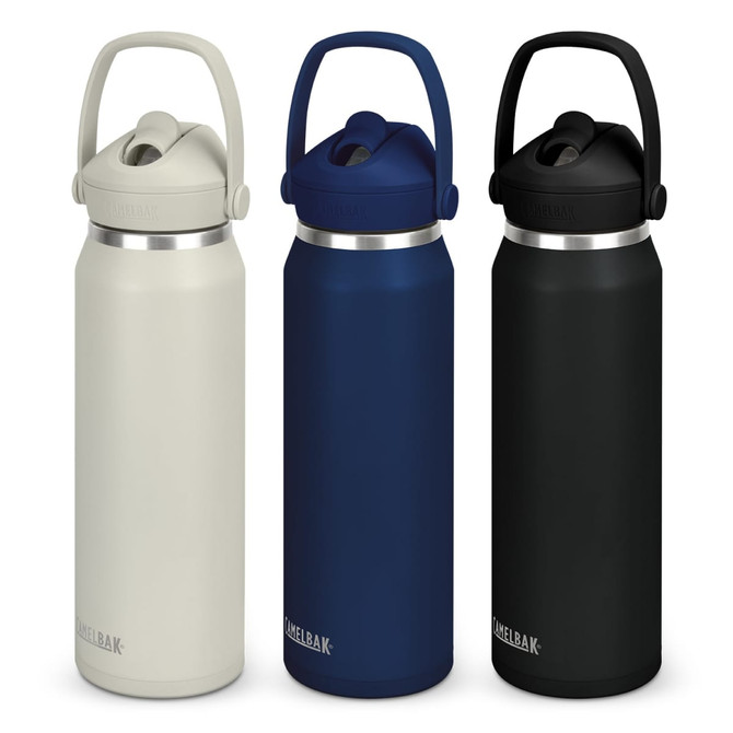 A drink bottle set featuring three colours: cream, navy blue, and black, with a flip straw and handle.