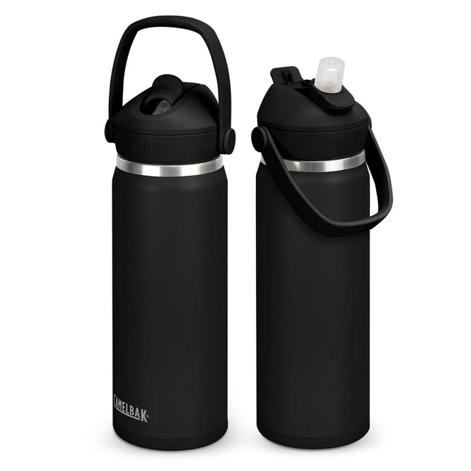 A drink bottle with a sleek black finish, featuring a flip straw and a carry handle, with a logo on the side.