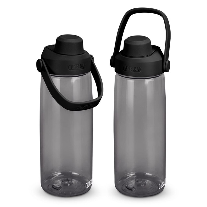A drink bottle featuring a translucent grey body and a black lid with a carry handle, including a logo.