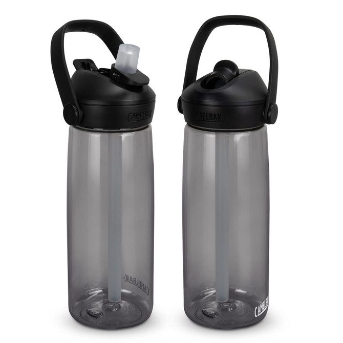 A drink bottle in black and grey, featuring a flip straw and a carrying handle. The bottle has a logo.