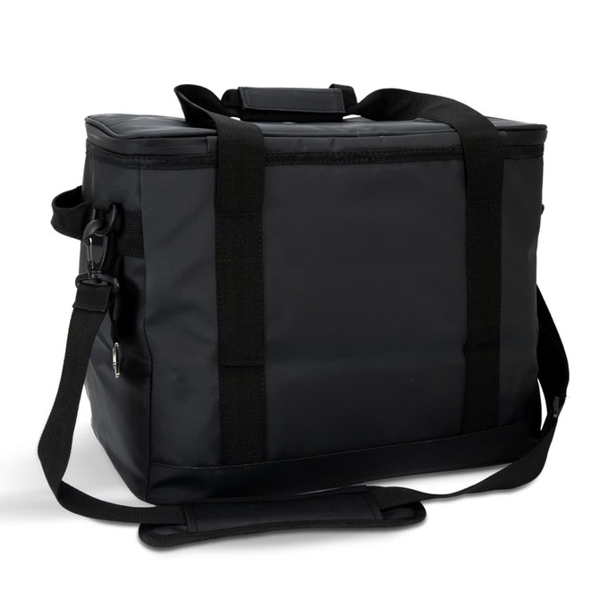 A black cooler bag with sturdy handles and a removable shoulder strap, featuring a logo on the front.