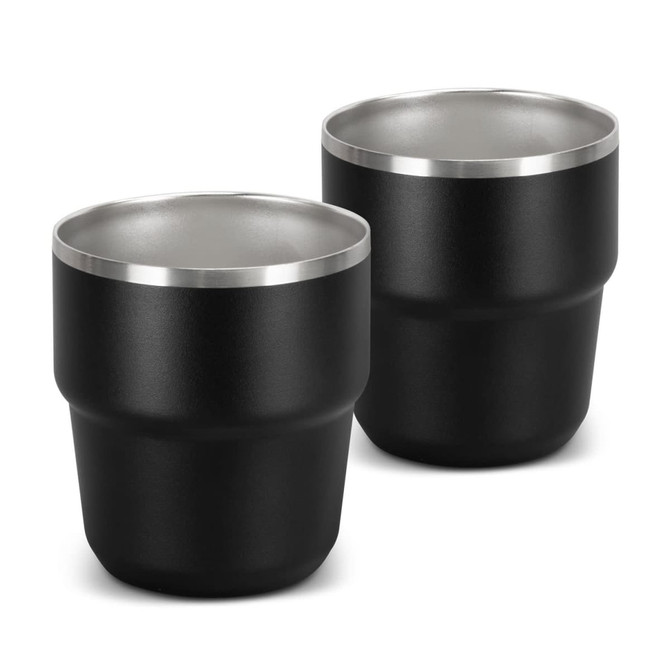 A set of two stackable cups in black with a silver rim, featuring a branding logo.