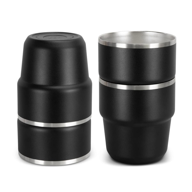 A set of two stackable cups in matte black with a silver band. Each cup has a sleek, modern design.
